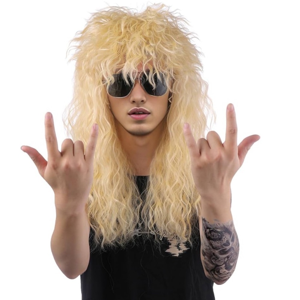 Blonde Curly Wig Men Rocker 80s Wig Halloween
Costume Wigs with aviator glasses